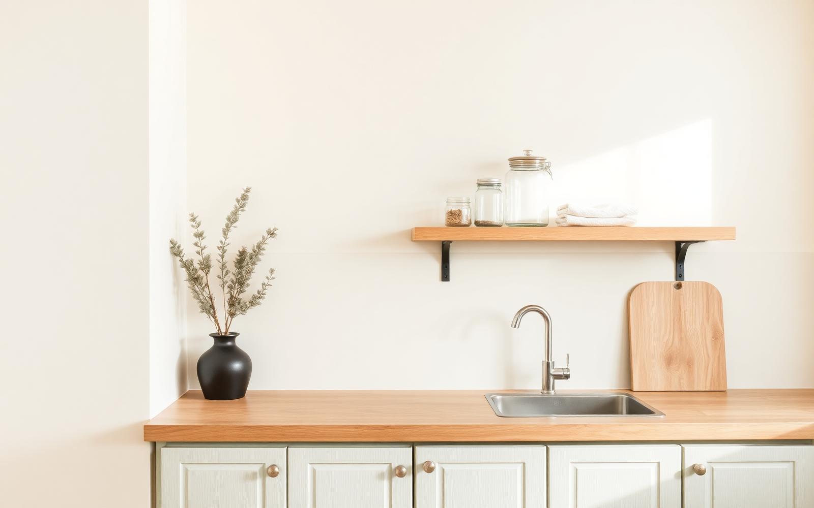 Minimalist kitchen counter with glass jars, linen towels and a wooden shelf